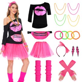 Herefun 80s 90s Costume Women's Outfit 80s 90s Women's Carnival Retro Party Costume 80s Theme Party Tutu with T-Shirt Bum Bag Earring Necklace Mesh Gloves