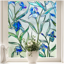 Coavas Stained Glass Window Film Privacy Static Cling - UV & Heat Blocking Floral Design for Bathroom, Front Door - No Glue Reusable Window Cover, Purple, 35.4" x 78.7"