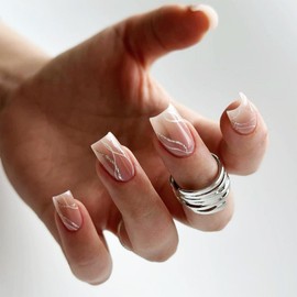 Short Square Press on Nails Silver Glitter Acrylic Fake Nails with Curve Line Design Glossy White Gradient False Nails Silver Shine Stick on Nails Ombre Gel Glue on Nails for Coquette Women Girl 24Pcs