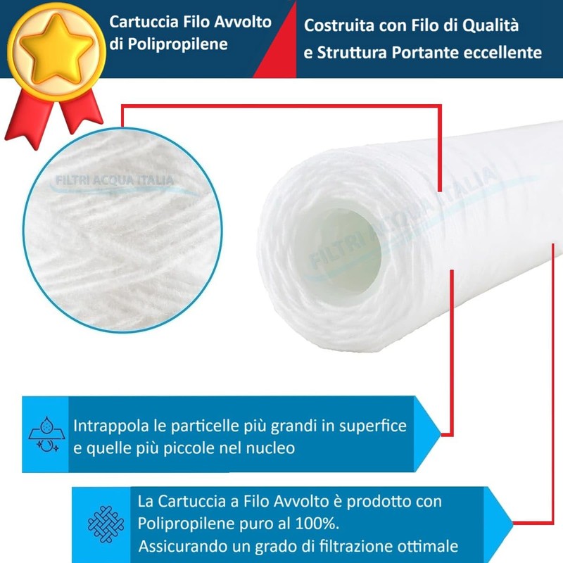 CARTUCCIA FILTRO FILO AVVOLTO 10 POLLICI MICRON 5 POLIPROPILENE SEDIMENTI
