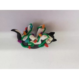 Celtic Forest Clay BLACK and WHITE CAT Christmas Ornament TANGLED IN LIGHTS Feet Up HAND MADE
