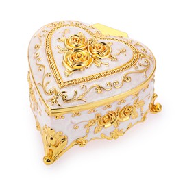 SUMTree Vintage Jewellery Boxes Lid Metal Milk White Golden Flower Shape Jewellery Box Jewellery Box Jewellery Case Ring Bracelet Earrings Women's Gift Christmas Birthday Heart Shaped