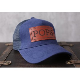 PAHVRION Sombrero de camionero Pops para papá, regalo para papá, sombrero de cuero para papá, parche de cuero grabado con láser, sombrero de camionero, azul marino, Azul Marino, Talla única