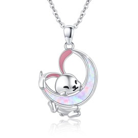 JFASHOP Rabbit Necklace 925 Sterling Silver Opal Rabbit Animal Pendant Rabbit Necklace Opal Moon Chain Rabbit Jewellery Easter Gift for Women Women Children Girls, Sliver, Zircon