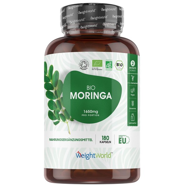 Organic Moringa Capsules - 1650 mg Moringa Oleifera Powder - 180 Vegan Capsules for 2 Months - Organic Certified Superfood - 3 Capsules Daily - Tested Ingredients, No Additives & GMO - WeightWorld
