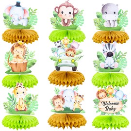 Gyufise 9 Pack Safari Animal Honeycomb Table Centerpieces Decorations Jungle Animal Party Table Toppers for Kids Birthday Aloha Party Supplies Green Brown