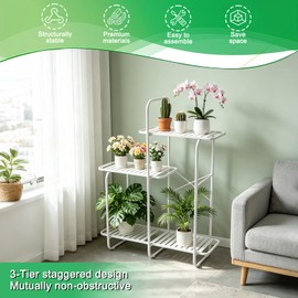 YOBAZAN 3 Tier Plant Stands for Indoors and Outdoors,Flower Pot Holder Shelf for Multi Plants,White Metal Plant Stand for Patio, 35.4" L x 12.2" W x 43.3" H
