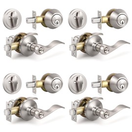 Knobonly 4 Sets of Front Exterior Door Knob Set with Single Cylinder Deadbolts in Satin Nickel Finish, All Keyed Same Combo Pack, Wave Style Entry Door Lever Locks with Combinations