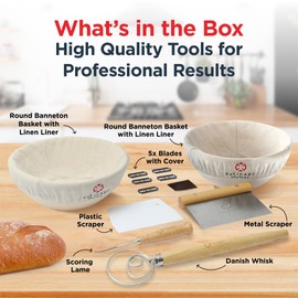 Bread Proofing Basket Set of 2 - Round 9" Sourdough Bread Baking Supplies w/Linen Liner, Scrapers, Scoring Lame, Whisk, Blades Banneton Proofing Baskets - Sourdough Starter Kit for Beginners