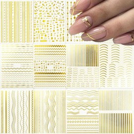 12 Sheets Gold Line Nail Stickers Decals 3D Self Adhesive Nail Decals French Nail Art Sticker Gold Wave Stripe Nail Supplies Accessories for or Women Manicure Tip