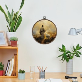 GWFSJYU Jesus Lamb Framed Wall Art, Christian Lamb Church Round Canvas Prints Wall Art, Jesus Decor, Vintage Sheep Religious Wall Hanging Decor for Living Room Bedroom, 10”x10”inch