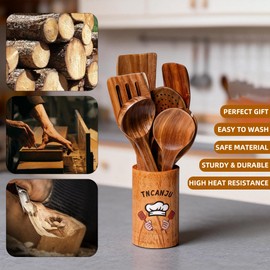 TNCANJU Wooden Spoons for Cooking, 10 Pcs Acacia Wood Cooking Utensils Set with Hand Painted Holder, Wooden Kitchen Utensils Set for Nonstick Cookware, Gift Box