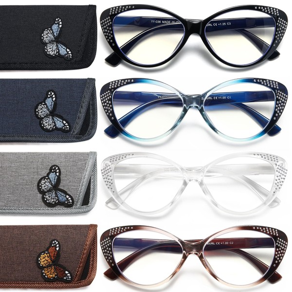 EYEURL 4 Pack Cat Eye Reading Glasses for Women Blue