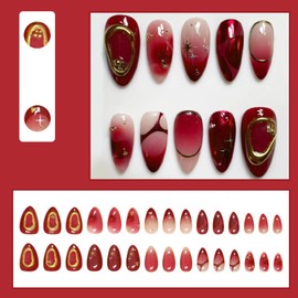 30Pcs French Almond False Nails Medium, Dark Red Elegant Press on Nails in 12 Sizes, 3D Rhinestones Handmade Artificial Stick on Nails, Acrylic Full Cover Removable Fake Nails for Women and Girls