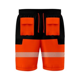 8 POCKETS Mens Reflective High Visibility Hi Viz Safety Cargo Shorts Work Wear Shorts Drawstring Multi Pockets Adjustable Elasticated Waist (UK, Alpha, 3XL, Regular, Regular, Black Orange)