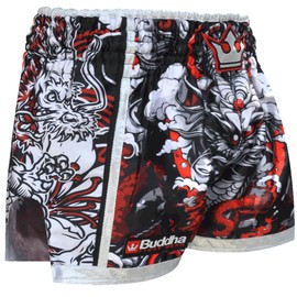 Buddha Fight Wear - Retro Premium Fantasy Pants. Specially designed for Kick Boxing, Muay Thai, K1, Boxing Training and Competition, White + Multi-coloured, S
