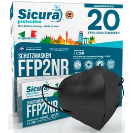 20 x FFP2 Masks, Black, CE Certified, Filter Class BFE ≥99% FFP2 Masks, Sanitised Individually Sealed Respirator Mask, CE, Made in Italy