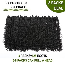 WoWCFyyds 8 Packs Crochet Braids Hair Curly 18 Zoll Goddess Box Braids Crochet Hair Bohemian Hippie Braids Extensions with Curly Ends Synthetic Hair Extensions for Braids（1B）