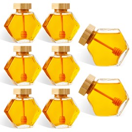 Sunnyray 8 Pcs 220 ml Glass Honey Jars with Dipper Hexagonal Honey Pot Jars Clear Glass Honey Dispenser Small Honey Containers Honey Bottle with Wooden Dipper and Cork Lid for Home Storage Kitchen