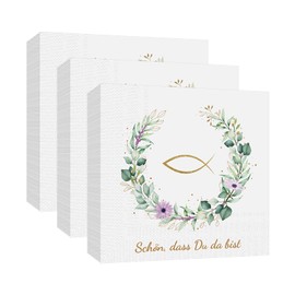 Napkins "Schön, dass du da bist!", Fish Table Decoration for Christening, Communion, Confirmation or Other Festive Occasions, 33 x 33 cm, Pack of 60