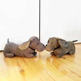 WHW Whole House Worlds Weighted Puppy Dog Door Stoppers, Set of 2, Floppy Ears, Brown Grey, Black Noses, Long Daschund Tummies, Tails Up, Chenille Polyester, 15 Inches
