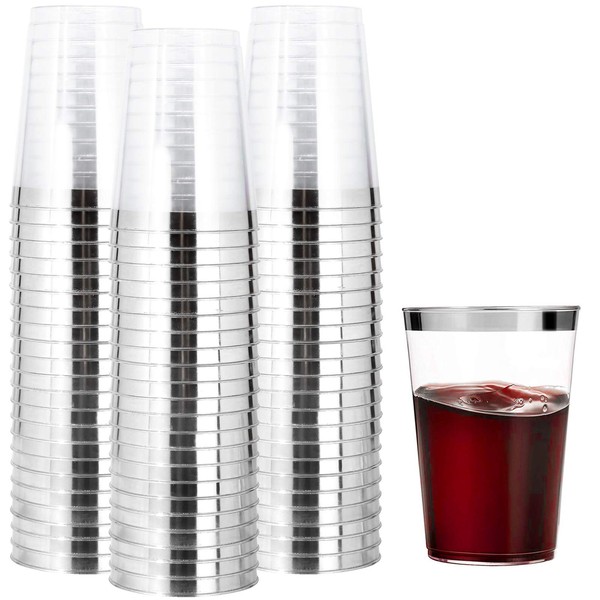 I00000 200pcs Silver Disposable Plastic Cups 10 oz Clear Plastic Cups Old Fashioned Tumblers Silver Rim Cups Fancy Wedding Cups Disposable Party Cups Elegant Silver Wine Glasses Cocktail Cups