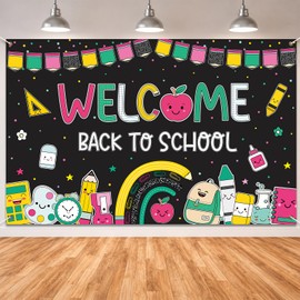 Welcome Back to School Banner Party Decorations First Day of School Backdrop Composition Notebook Pencil Apple Stationery Background for Classroom Teacher Office Wall Decor 71x45 in