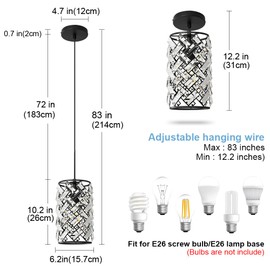 Biewalk Black Pendant Light Fixtures Modern Black Pendant Lighting Crystal Chandeliers Adjustable Pendant Light Fixture for Kitchen Island Dinning Room Corridor Bedroom (Black 1 Pack)