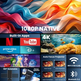 wowlink Projector [Auto Focus & 1080P Native & Bulit-in Apps] Projector 4K Support Auto Correction WiFi 6 Bluetooth 5.4 Mini Portable Projector Compatible with HDMI/TV Stick/Memory Stick/Laptop, White