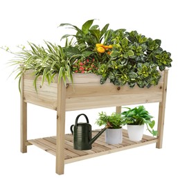 Vivastate Gardening Experience with Wooden Raised Garden Bed Planter Box, Legs & Storage Shelf for Flower, Herb & Vegetable, Natural Finish
