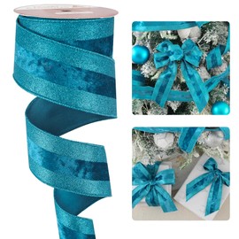 HUIHUANG Turquoise Velvet Wired Ribbon with Glitter Stripe Edges 2.5 inch Truquoise Blue Christmas Ribbon for Trees, Bows Making, Wreath Supplies, Gift Wrapping, Garland, Home Decor, Crafts -10 Yards