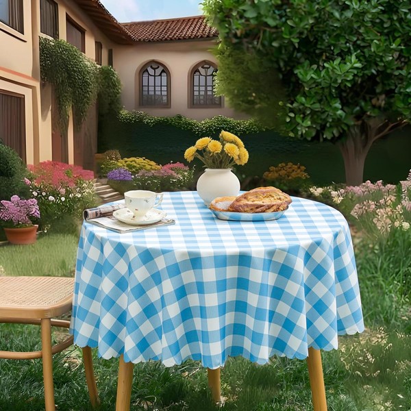 MANGATA CASA Sky Blue Gingham Round Tablecloth-Checkered Table Cloth Waterproof