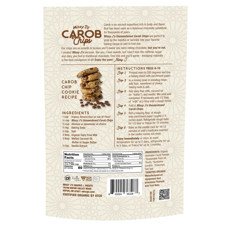 Missy J's organic Unsweetened Carob Chips 8 Oz, Vegan, Gluten