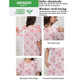 Liokoc Hospital Gowns for Women Open Back Tear Away Snap Post Shoulder Dress Short Sleeve Soft Adaptive Clothing with Pockets Pink Flower