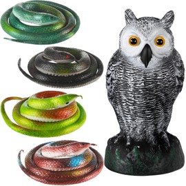 Qualirey 5 Pcs Fake Rubber Snake and Owl Set Includes 4 Pcs 29'' Lifelike Toy Snakes 1 Pack 10'' Fake Owl Decoys to Keep Birds Away Nature Enemy Horned Pest Repellent for Outdoor Garden Yard