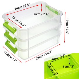 JUXYES - Caja de almacenamiento apilable de 3 niveles con bandeja dividida, contenedor de almacenamiento transparente apilable con tapa de asa, contenedor de almacenamiento para suministros escolares