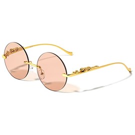 Dweebzilla Jaguar Rimless Round Metal Frame Luxury Sunglasses (Gold Frame, Brown Gradient Lenses)