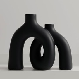 Juego de Jarrones Negros Mate - Jarrones de Cerámica Estética de Dona Hueca Abrazadora para Decoración del Hogar, Jarrón Decorativo Moderno Nórdico Minimalista para Centro de Mesa, Estantería, Oficina