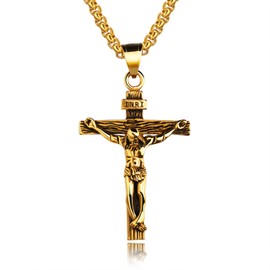 jonline24h Men Women Stainless Steel Jesus Crucifix Cross Pendant Necklace Chain Silver Gold Black (Black)