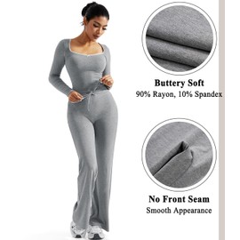 OMKAGI Womens Lounge Set Lace Square Neck Long Sleeve Tops Wide Leg Pants 2 Piece Outfits(M,212-Grey)