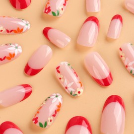 Almond Press on Nails Fake Nails Medium Length with Red Flower Designs,Full Cover French Tip Glossy Stick Acrylic Nude False Nail Kit with Nail Glue for Women, 24 Pcs AW28