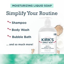 Kirk's- Limpiador nutritivo 3 en 1 de pies a cabeza: champú, gel de baño y baño de burbujas para hombres, mujeres y niños