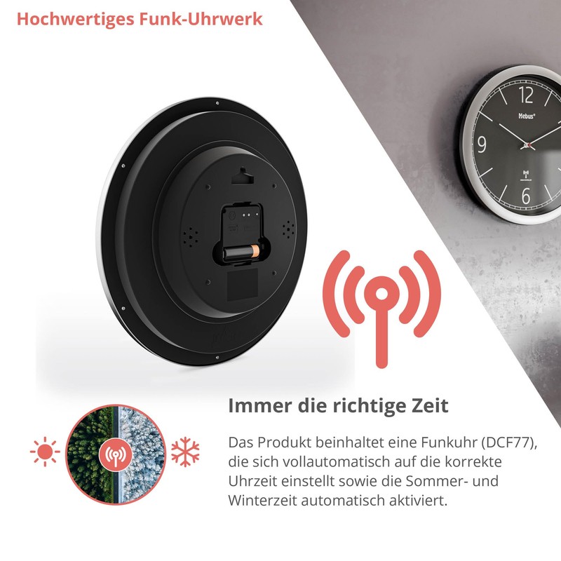 Mebus Radio Controlled Wall Clock 26cm Silent Clear Design Silver