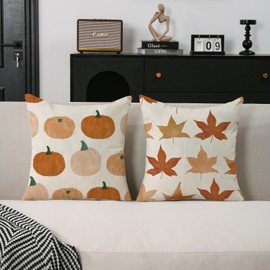 TAJWE Fall Pillow Covers 18x18 Inch Set of 2 Orange Maple Leaves Pumpkins Autumn Pillowcases Farmhouse Decorative Seasonal Thanksgiving Harvest Cushion Cases for Sofa Couch Home Decor