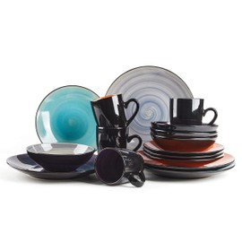 HomeVss, Stoneware Sonoma 16pc Dinnerware Set, Black + Speckled Spin Wash Mix Colors Grey, Orange, Purple, Turquoise