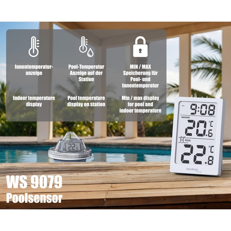 WS9079 Digital Wireless Pool Thermometer with Station, Measures Water Temperature