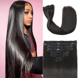 Clip in Hair Extensions Real Human Hair Clip ins Remy Human Hair Clip in Extensions Black Women Invisible Natural Straight Seamless Clip on Hair Extensions 8pcs With 18 Clips Double Weft 20inch