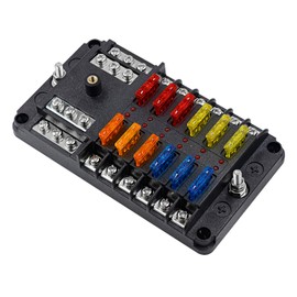 12 Way Fuse Block W/Negative Bus - ATC/ATO 12 Circuit Fuse Box with Ground, with Negative Bus & Protection Cover, Bolt Connect Terminals, 70 pcs Stick Label, for 12V/24V Vehicle Car Boat Marine Auto