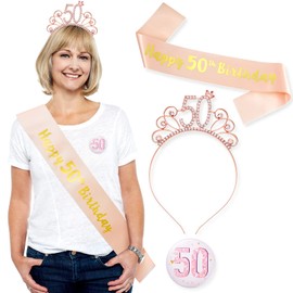 Chuangdi Rose Gold Happy 50th Birthday Sash and 50 Birthday Tiara Rhinestone Crown Headband 50 Birthday Badge for 50 Birthday Gift Party Accessories 50th Birthday Decoration Girls Women