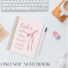 OSLYSOF Coquette Pink Bow Christian Spiral Notebook, God is Within Her She Will Not Fall Bible Journaling Notebook, Prayer Journal for Woman, Scripture Journal 5.5x8.3 Inch with 164 Pages